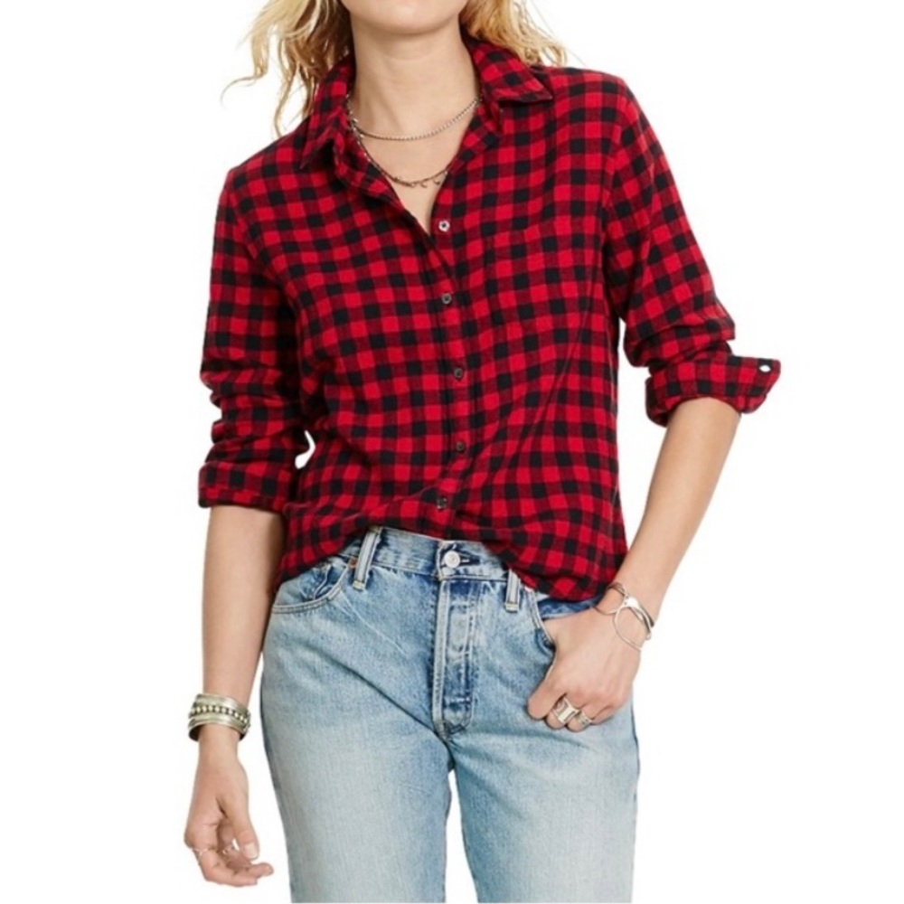 Ralph Lauren Denim & Supply Top Medium RL Tomboy Red Black Buffalo Plaid Rustic - Picture 2 of 16
